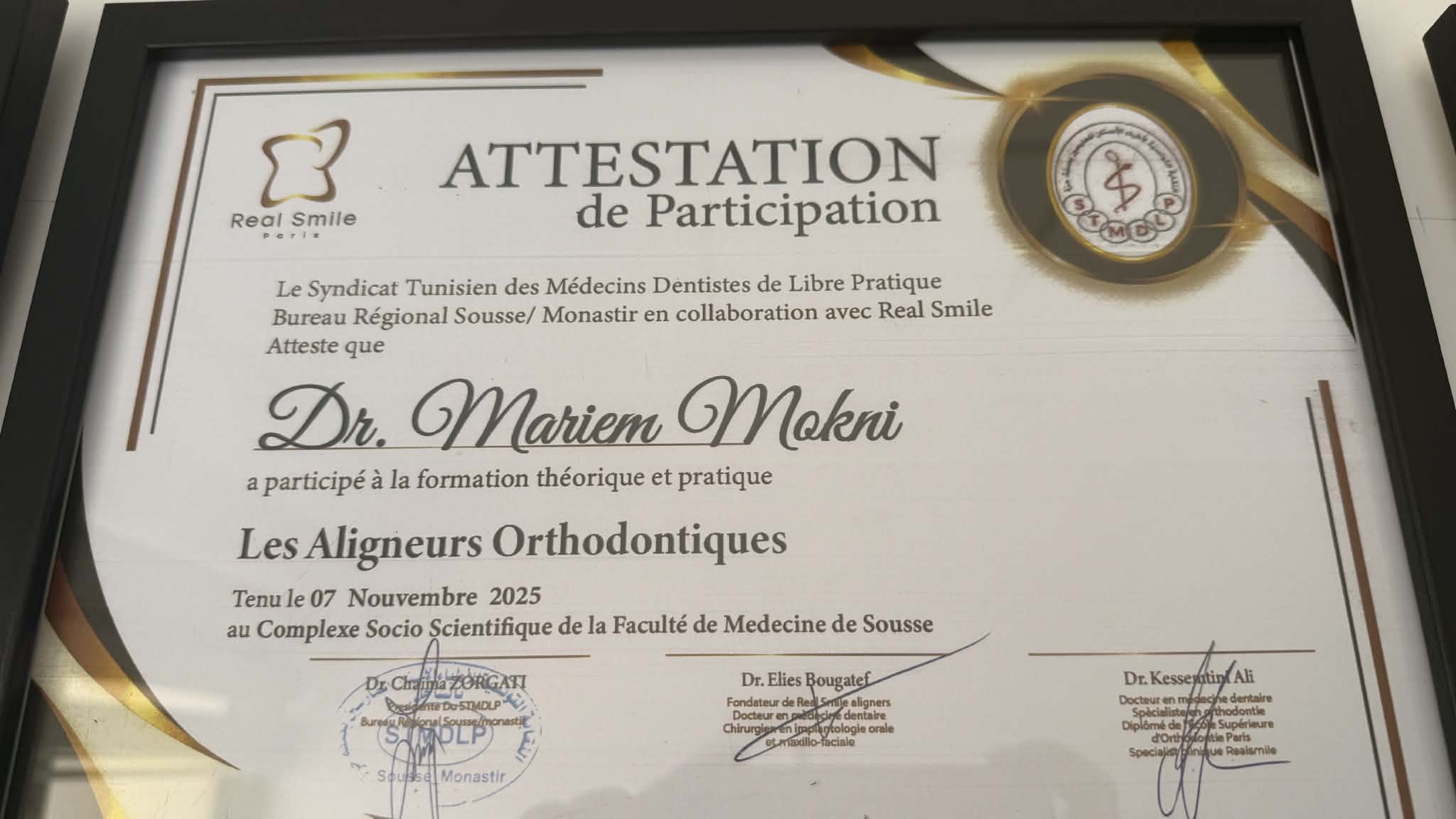 Attestation de participation en aligneurs orthodontiques
